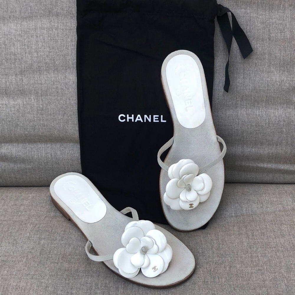 CHANEL Leather Camellia Flip Flop Sandals